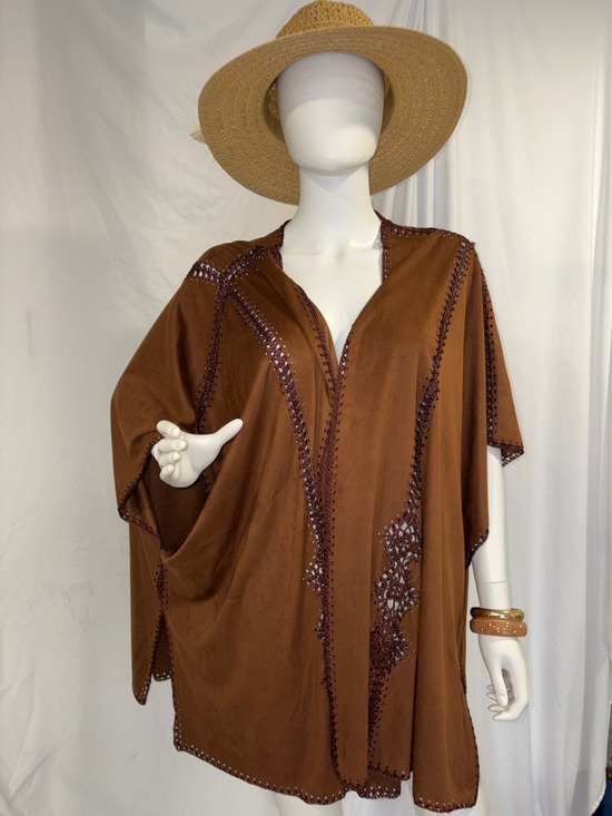 Other - Women's Brown Crochet-Trim Suede Poncho Kaftan